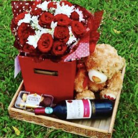 Roses-Crysanthemum-Teddy-bear-Chocolate-Champagne